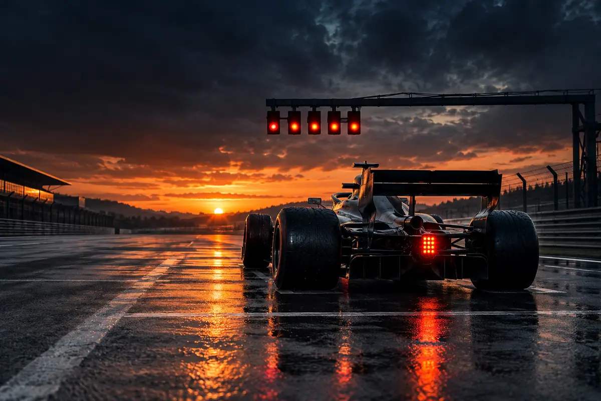 Carro de corrida no grid molhado, sob as cinco luzes de largada, ao entardecer. Imagem ilustrativa da campanha.